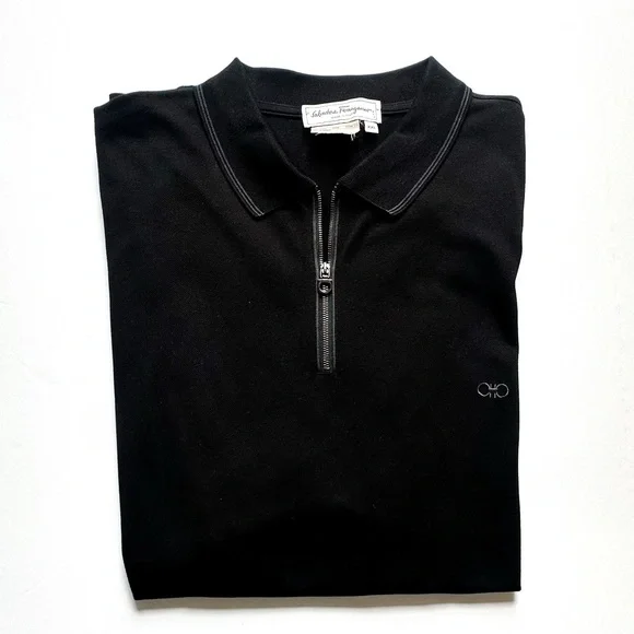 Salvatore Ferragamo Black Cotton Pique Logo Polo Shirt with Logo 3/4 Zipper XXL - Picture 9 of 13